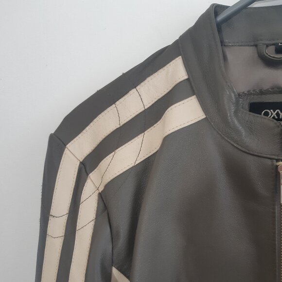 OXYHO Sorento Large Women's Genuine Leather Coat, Two-Tone Olive/Grey + Beige - Picture 7 of 16